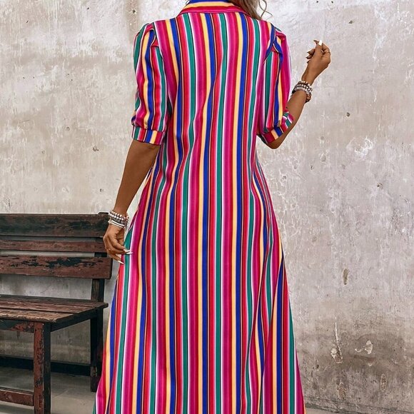 Multicolor Casual Women's Vacation Colorful Striped Front Buttoned Maxi Dress - Picture 2 of 7